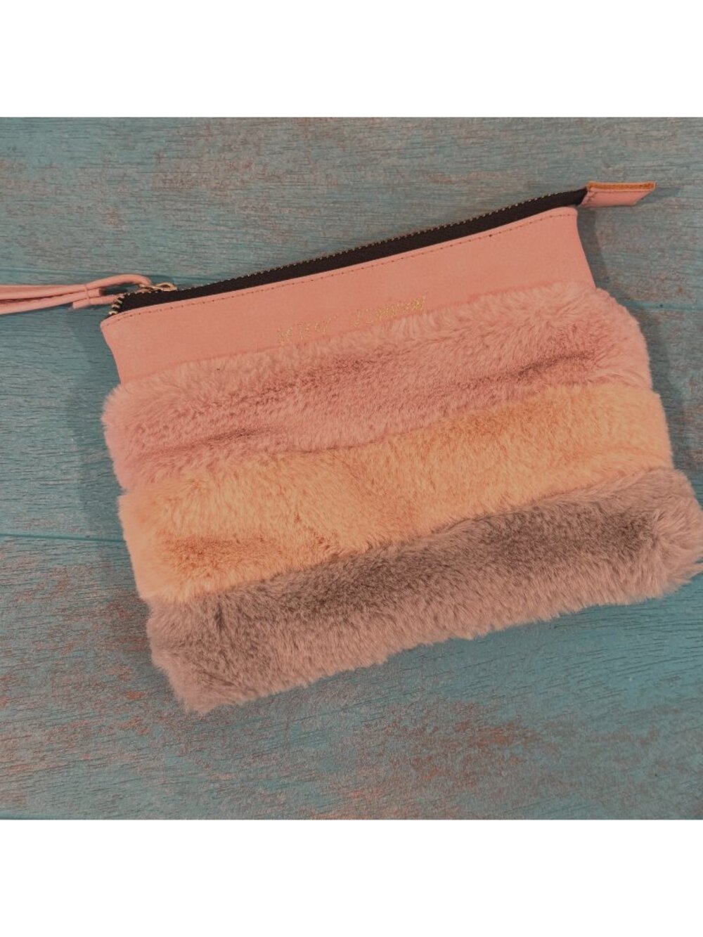 Betsey Johnson Pink & Gray Faux Fur Wristlet Coin Purse